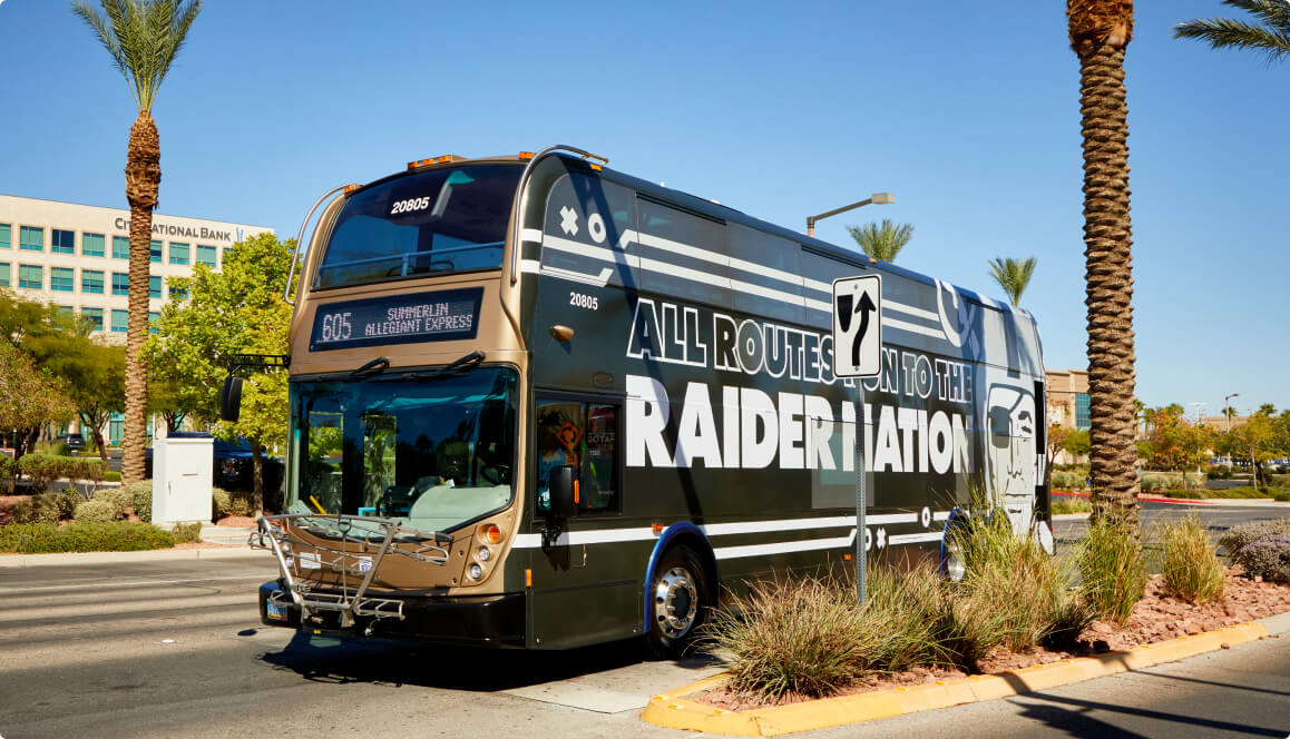Game Day Express Las Vegas Raiders-branded double decker bus used for the Game Day Express service