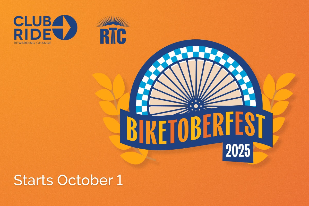 An orange graphic features the Club Ride and RTC logos, a stylized bicycle wheel with leaves, and the text Biketoberfest 2025. Starts October 1 appears at the bottom left.