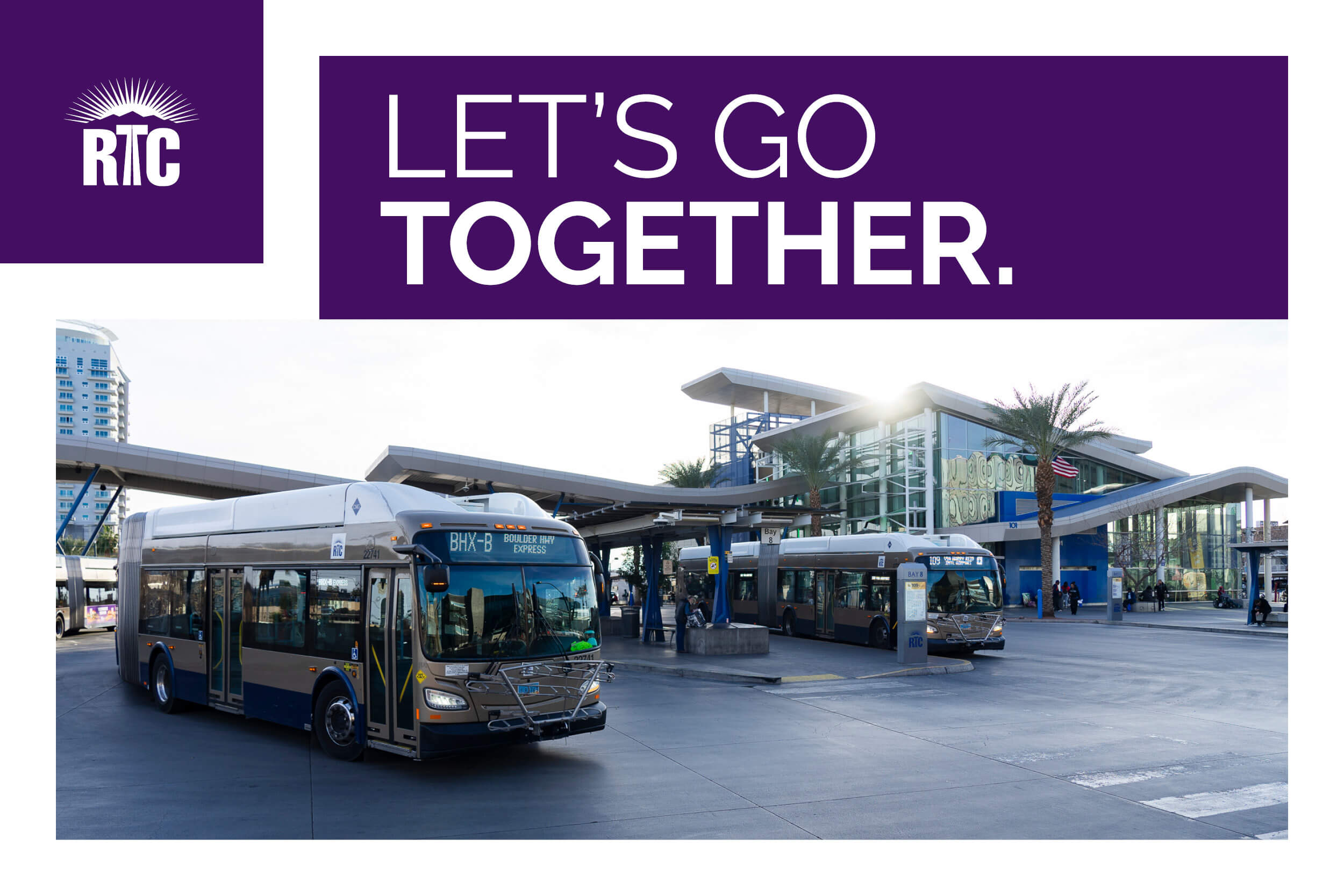 Two city buses are parked at a modern transit center with glass structures. The RTC logo and the slogan LETS GO TOGETHER. appear in large text at the top on a purple background.