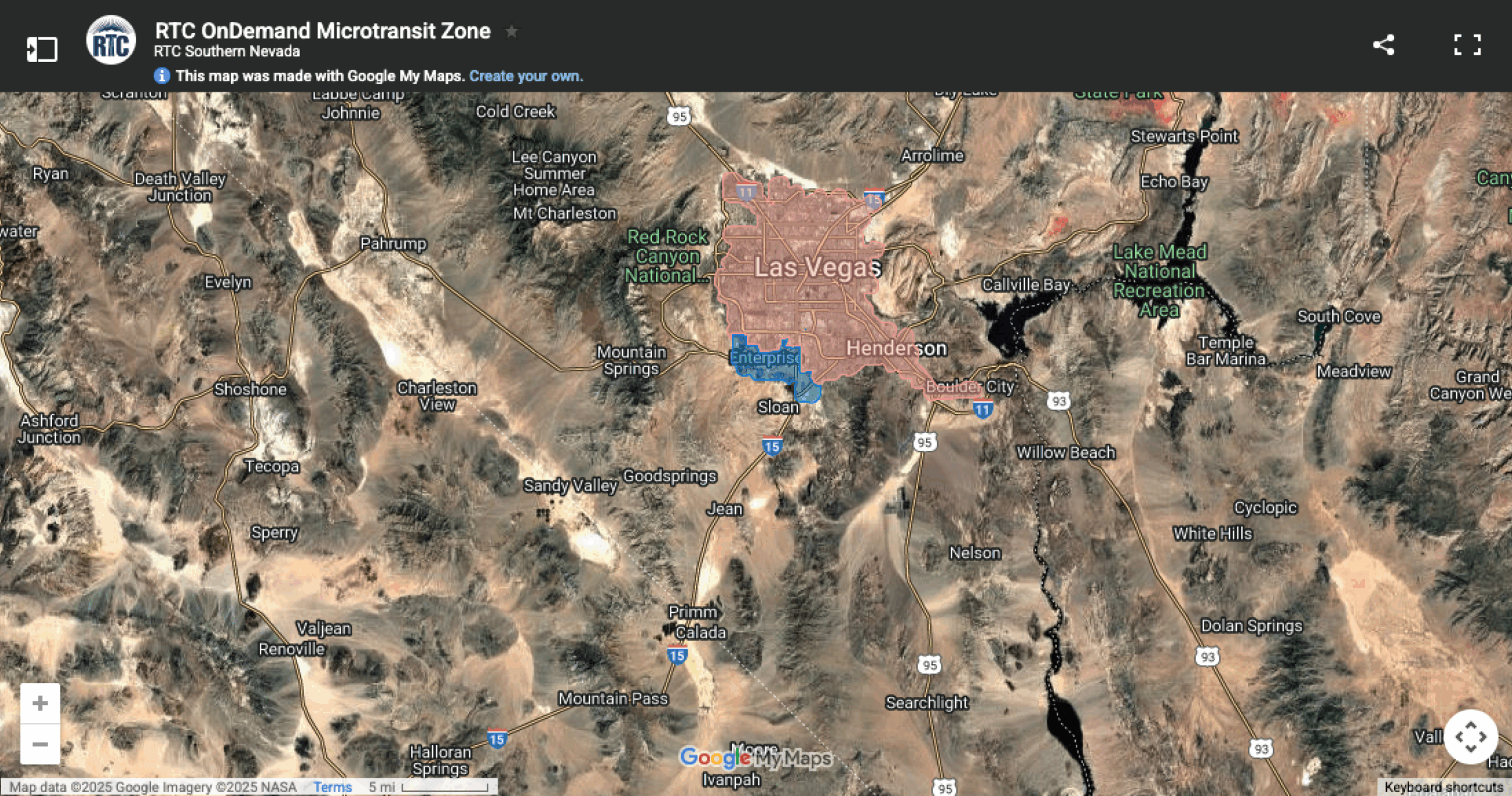 RTC-Service-Area Satellite map showing southern Nevada with highlighted transit zones in the Las Vegas and Henderson areas. Surrounding landmarks, cities, highways, and natural features are also labeled.